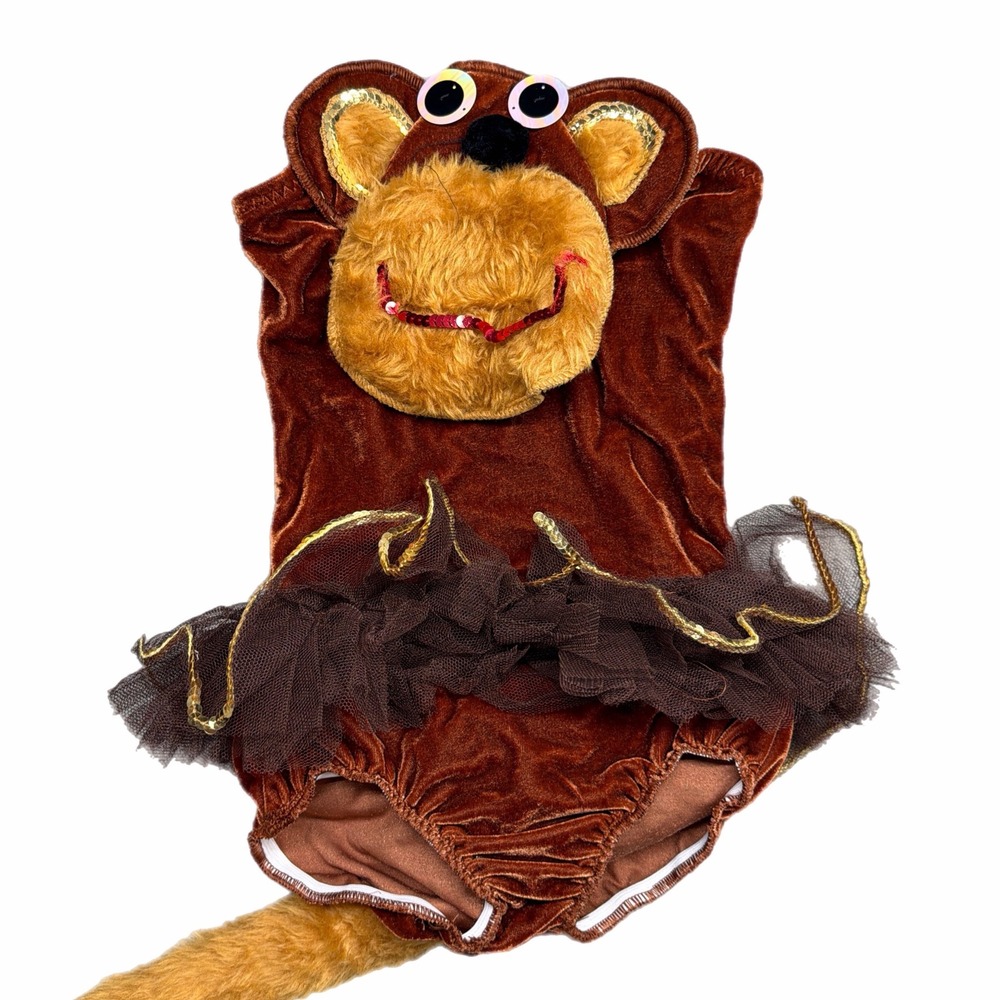 Girls Small Brown Velvet Monkey Leotard Costume Tutu Tail Hooded Dance Halloween